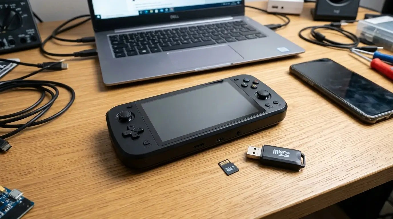 Console retro RGD10 Pro posée sur un bureau avec une carte microSD et un lecteur USB, prêts pour l'installation d'EmuElec